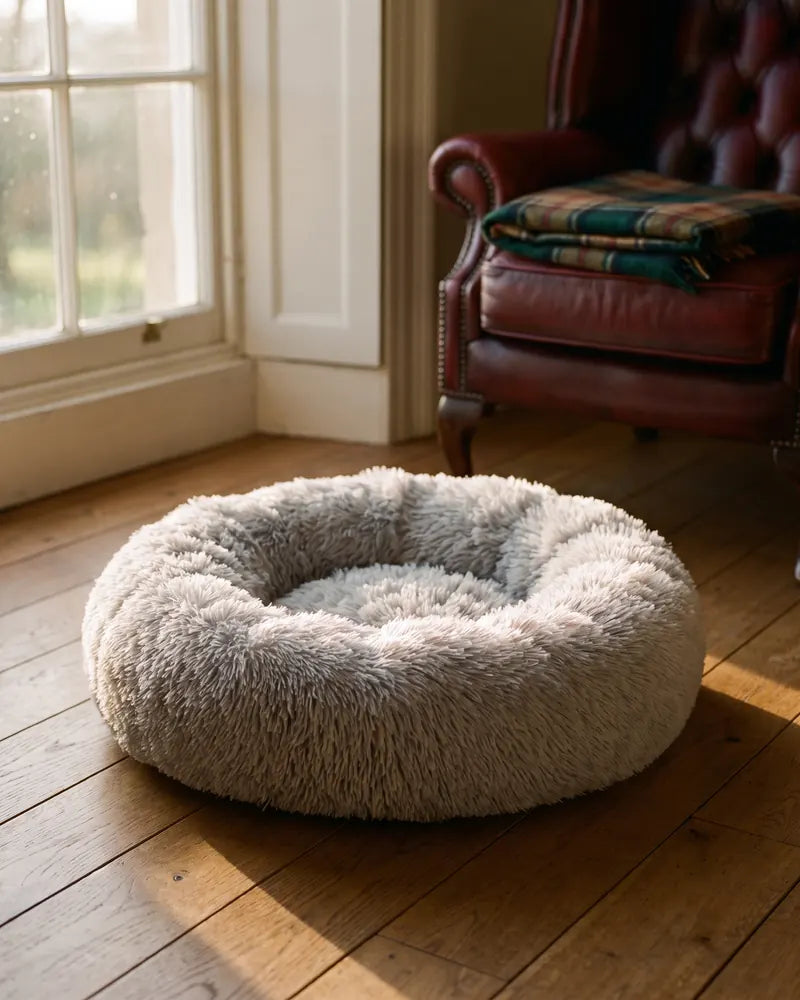 Washable Donut Pet Bed – 80 cm, Light Grey — styled photograph