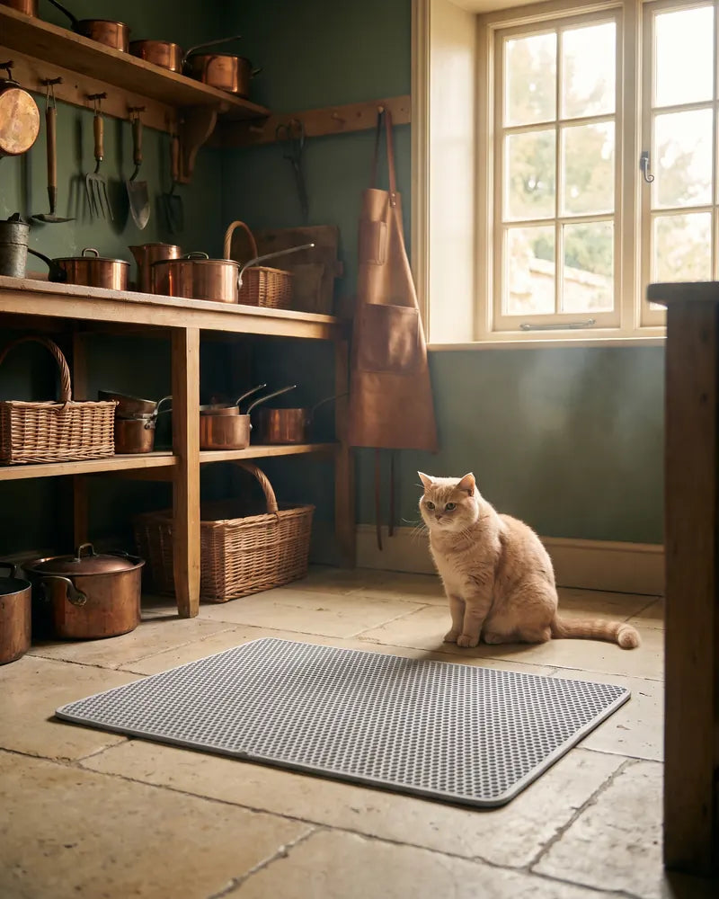 Double-Layer Cat Litter Mat – Grey Litter Trapper — styled photograph