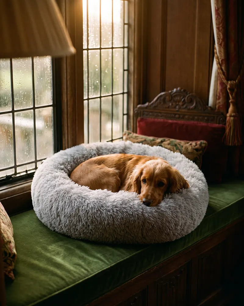 Round Pet Bed – 60 cm Grey, Fixed Cover — styled photograph