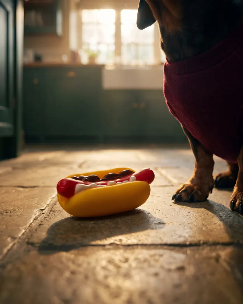 Squeaky Sausage Dog Toy – 10.5 cm — styled photograph